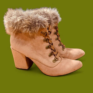 Fairy Cottagecore Tan Suede Ankle Boot Faux Fur Lace-Up Block Heel Booties 6.5